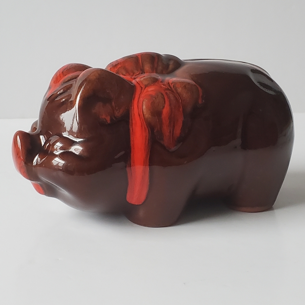 McMaster Craft Piggy Pig Bank Brown with Red Drip Glaze Windsor Canada Vintage